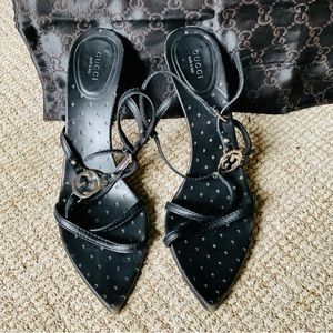 Gucci Logo Black Strap Kitten 3” Heels